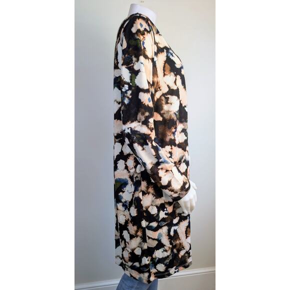 Nina Leonard Duster Cardigan XL Black Cream Bold Floral Print Open Front Pockets - Picture 7 of 11